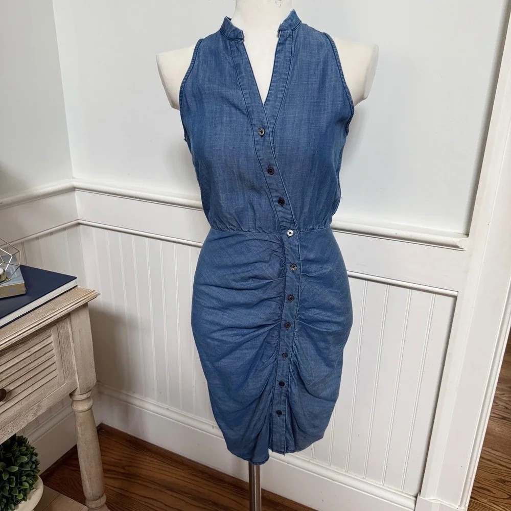 NWT Current Air Los Angeles Blue Chambray Ruched Button Sleeveless‎ Dress XS